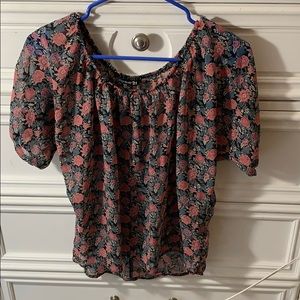 Black mesh blouse with pink flowers